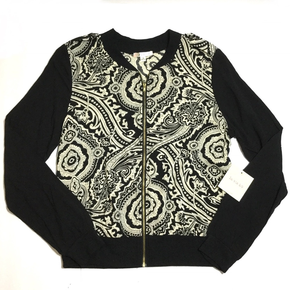 Rayon black & white zipper boho Cardigan